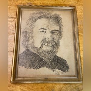 Vintage hand drawn graphite pencil drawing framed art Kenny rogers country music